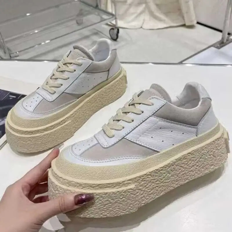 Chaussures Cuir Véritable Femme Cake Sole 2024 – Blanches Casual Élévées Sport Printemps
