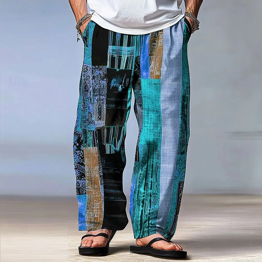Pantalon Homme Color Block Patchwork Taille Élastique Cordon – Coupe Droite Casual Outdoor Style Hawaïen | Mode Homme