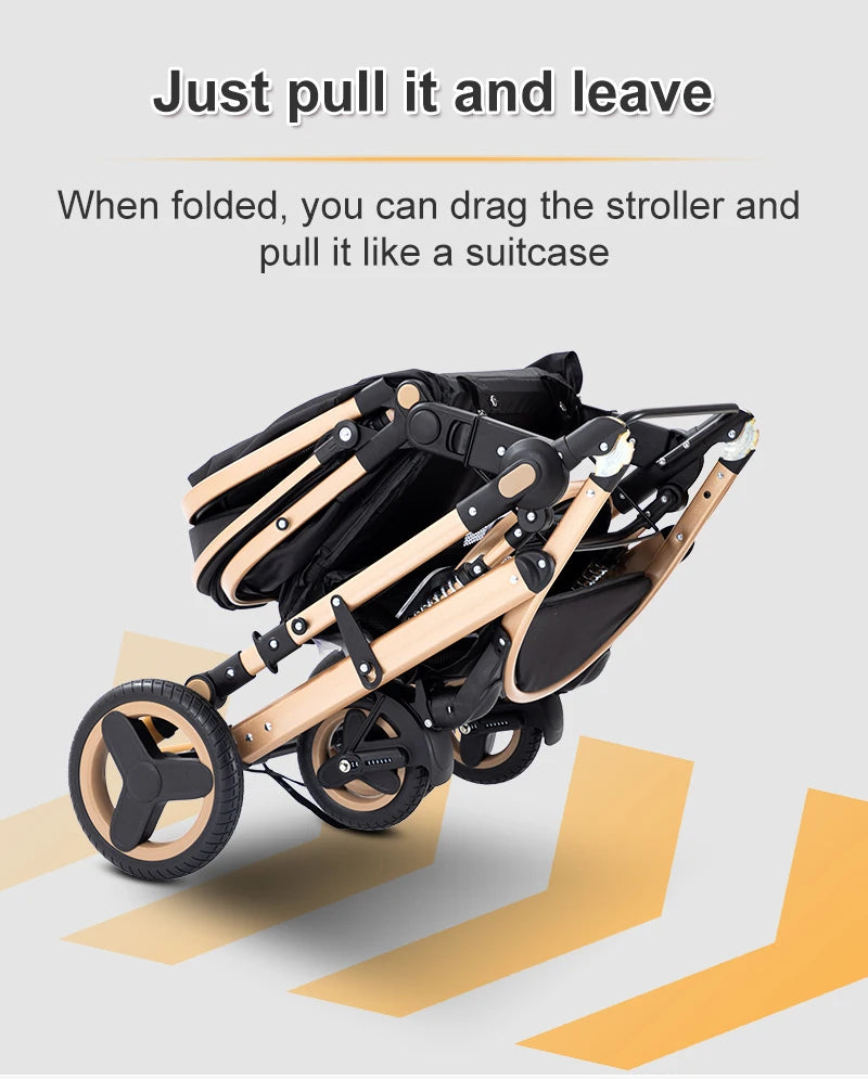 Poussette Bébé 3 en 1 Luxe Pliable Noire – Cadre Aluminium, Haute Vue, Nacelle & Siège | Voyage Nouveau-Né & Nourrisson