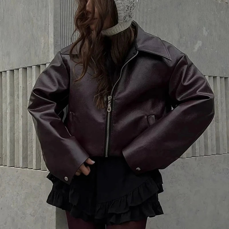 Veste En Cuir Streetwear Femme - Blouson Moto Casual Chic Noir & Rouge | Style Urbain