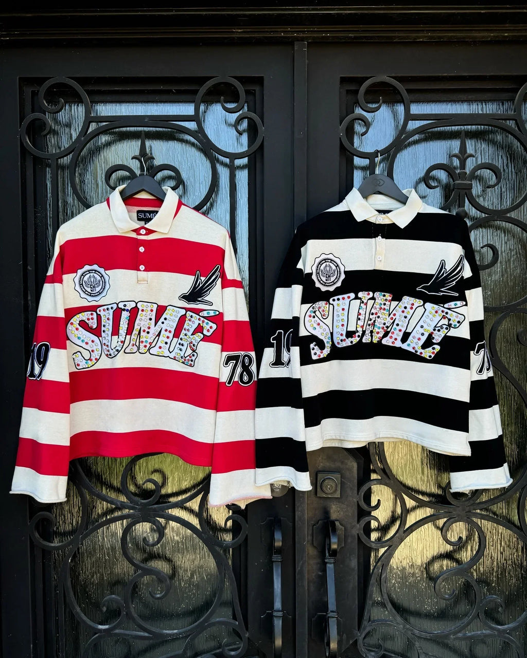 Polo Shirt Unisexe Gothique Broderie Pierre Précieuse Y2K Harajuku Hip-Hop Rayures Col Polo Manches Longues Loose | Polo Gothique Premium