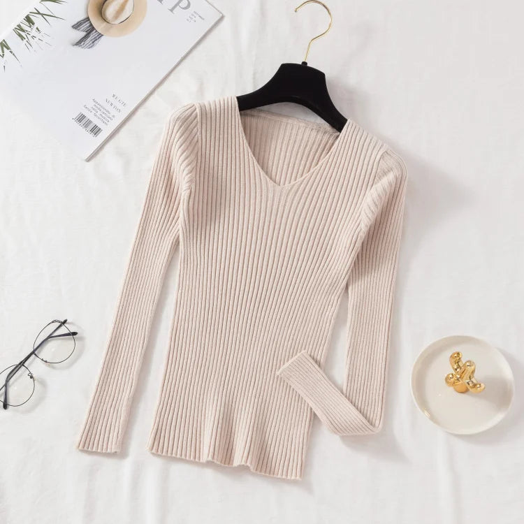 Pull Femme Col V Tricoté Manches Longues Casual Uni Basique – Sweater Chaud Confortable Automne Hiver | Mode Intemporelle
