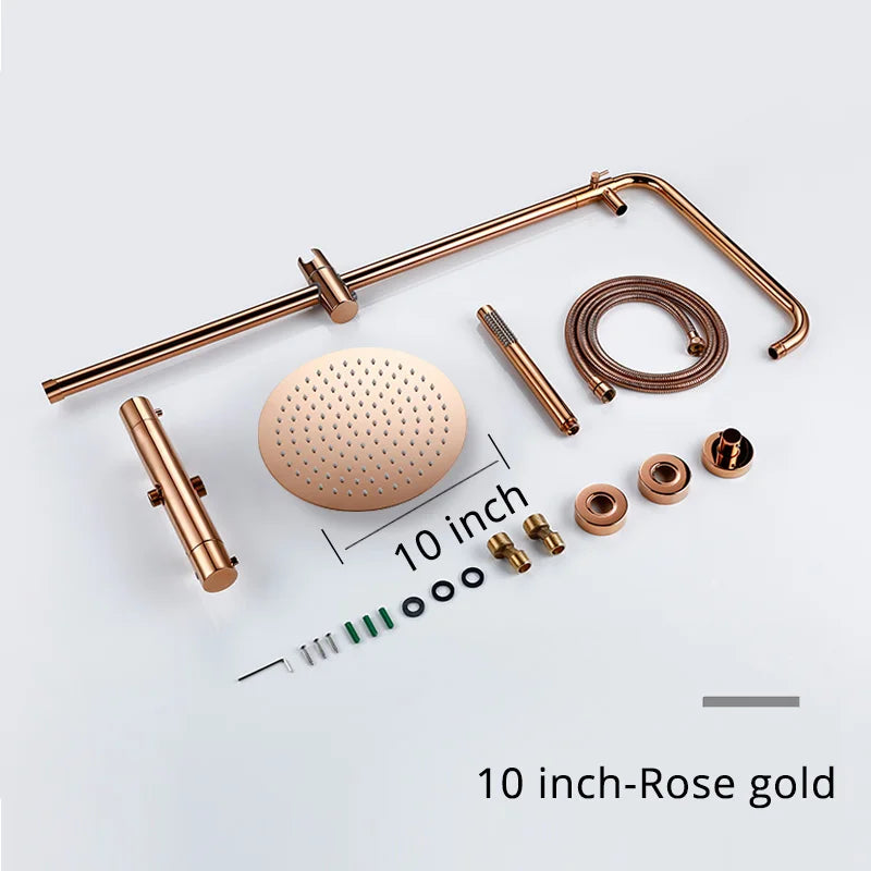 Ensemble Douche Thermostatique Mural Rose Gold – Laiton, Pommeau Pluie & Mitigeur | Système Douche Luxe Salle de Bain