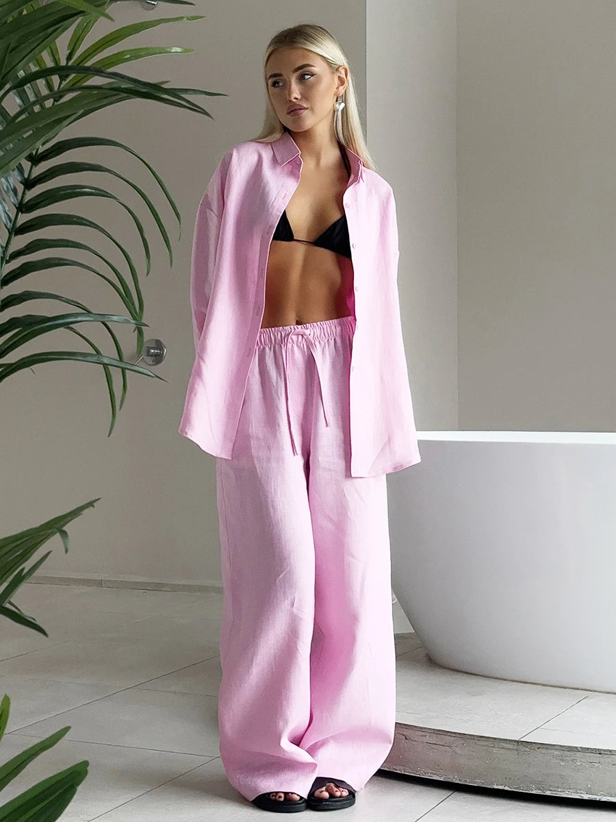 Damen-Zweiteiler aus Baumwolle, legeres Reverskragenhemd mit langen Ärmeln und Hose mit elastischem Bund, einfarbig, bequem – Sommer-Outfit | Bornladies