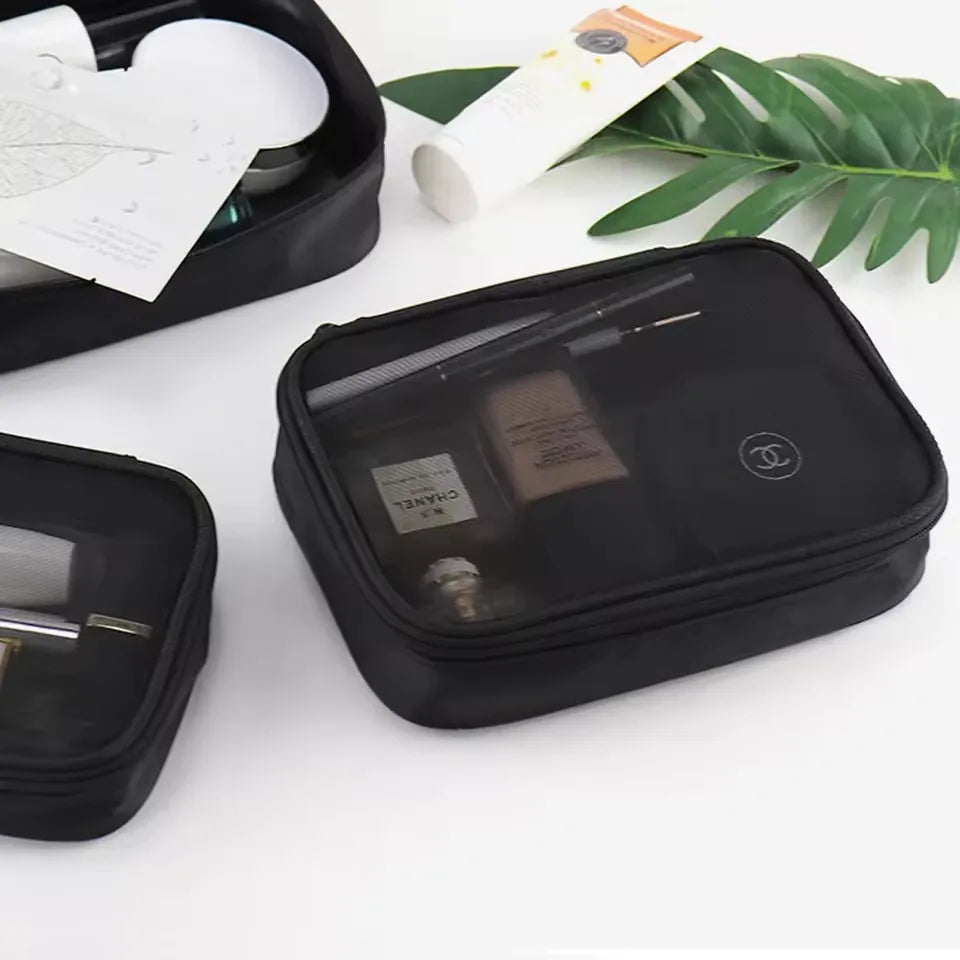 Trousse Maquillage Filet Noir Voyage – Fermeture Éclair | Organisateur Cosmétique Portable