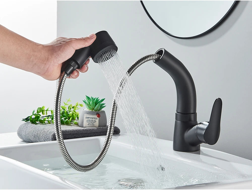 POIQIHY Robinet Lavabo Extractible Noir – Mitigeur Chaud Froid, Rotation 360°, Bec Relevable | Chrome & Noir Salle de Bain