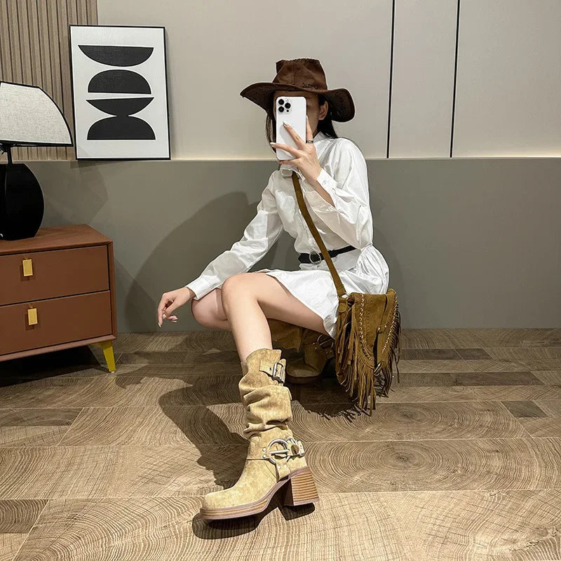 Bottes Cowboy Femme Marron Vintage Boucle Métal 2024 – Talon Carré Longues Knight Fashion