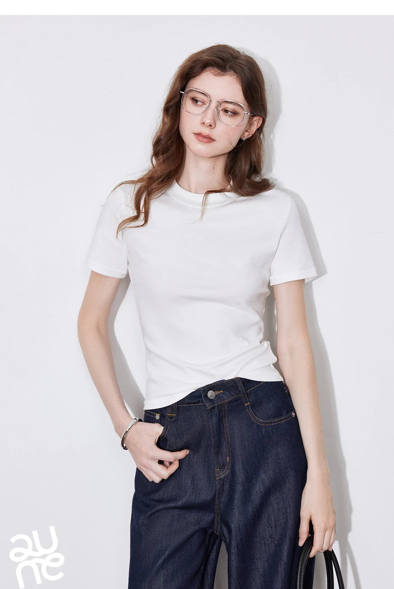 T-Shirt Lyocell Slim Fit Col Rond Manches Courtes Blanc - Basique Premium Polyvalent Printemps | TOYOUTH