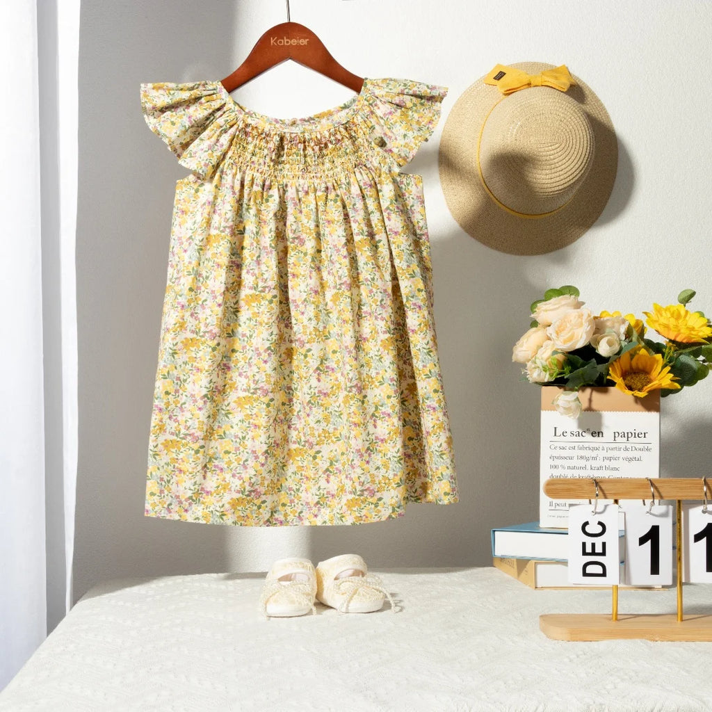 Robe Été Fille Fleurie Smockée Manches Volantes – Tenue Quotidienne Adorable 1-6 Ans