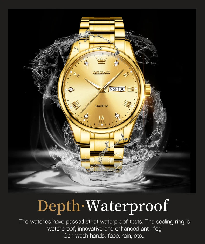 Paar-Uhr OLEVS Gold Luxus Quarz – Stahl Leuchtend Wasserdicht Datum Wochentag Trend
