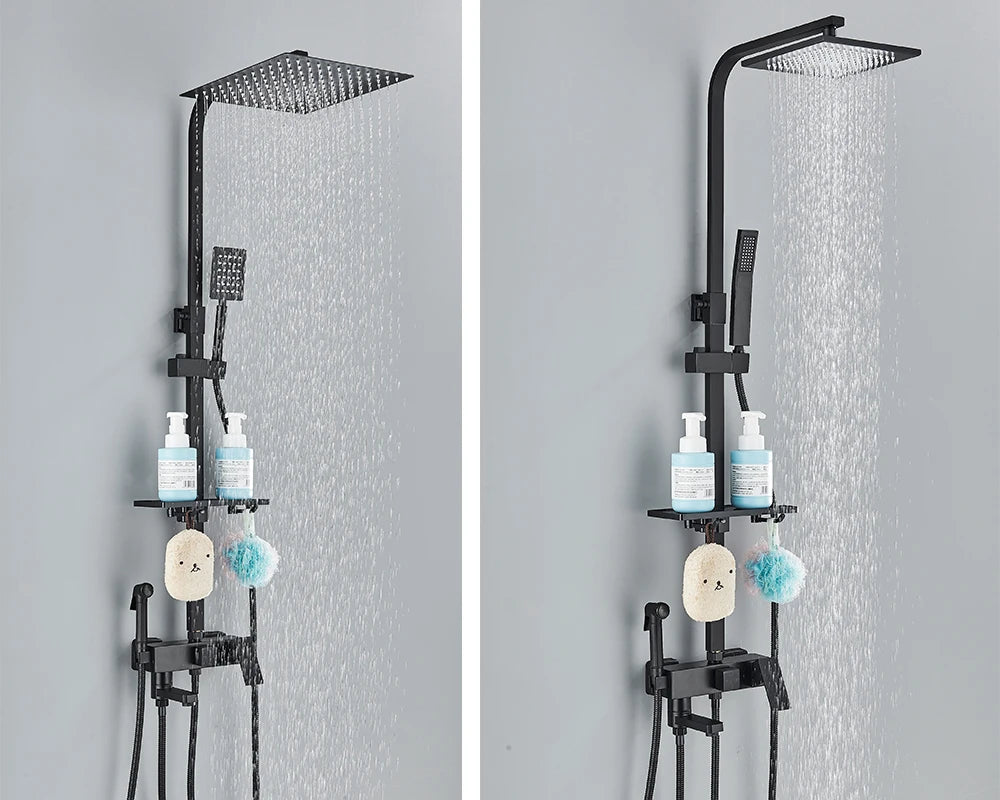 Rozin Ensemble Douche Pluie Mural Noir – Avec Bidet, Étagère & Bec Baignoire | Système Complet Laiton