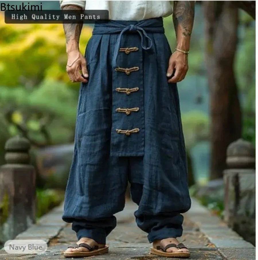 Pantalon Homme Lin Coton Large Ethnique Casual Couleur Unie Lacets Baggy Vintage Streetwear Printemps Été Confortable Léger – Pantalon Boho Premium Jambe Large | Mode Homme Casual Premium