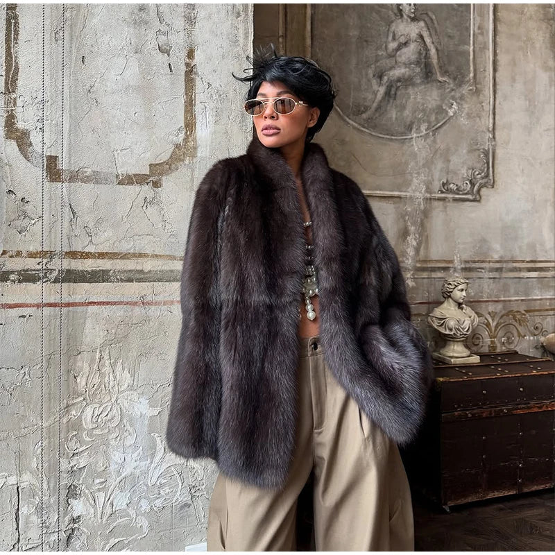 Manteau Femme Mi-Long Fausse Fourrure Col Revers Boutons Cachés Ample Élégant – Overcoat Bureau Chic | Hiver