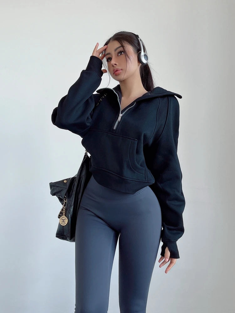 Sweat Femme Oversize Zip Polaire – Hoodie Streetwear Chaud Casual Rose Blanc