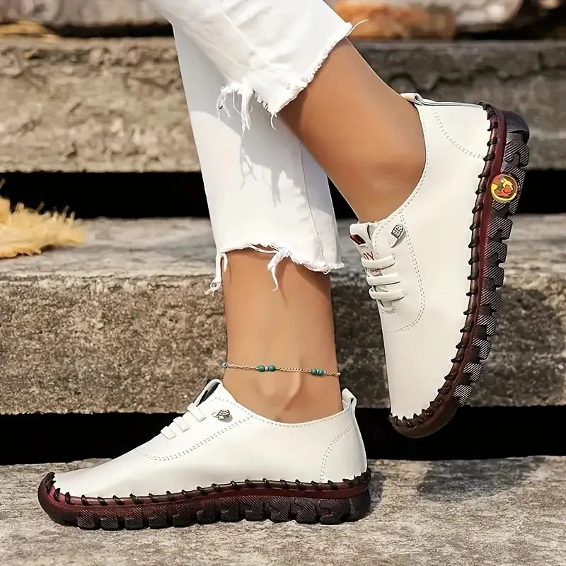 Sneakers Plateforme Loafers Lacets Cuir Femme 2024 – Flat Slip-On Casual Mom Shoe Printemps