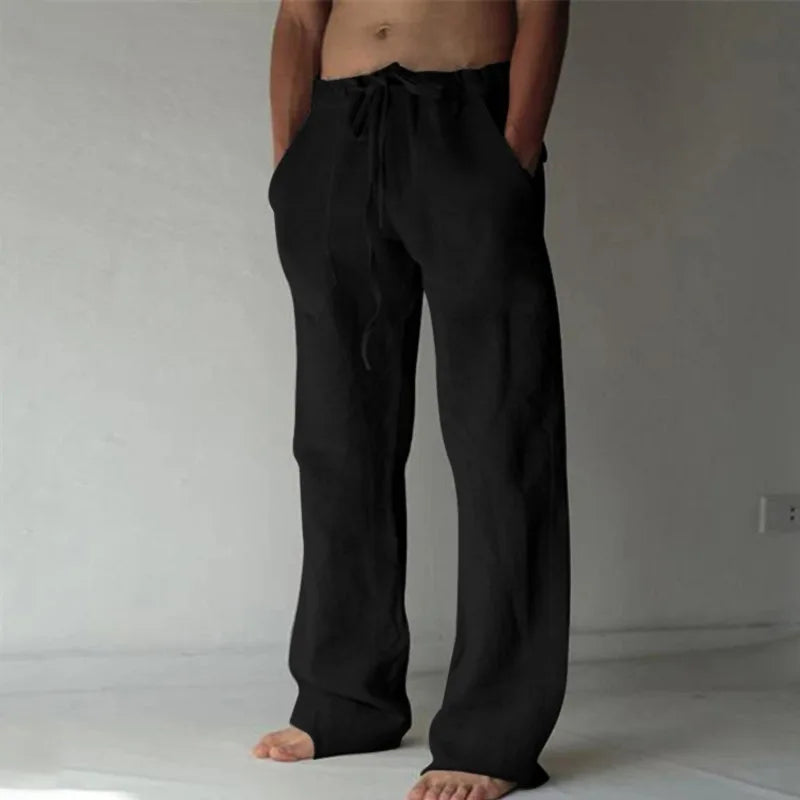 Pantalon Homme Lin Casual Quotidien Couleur Unie Été Longueur Complète Doux Taille Moyenne Poches Cordon Streetwear Confortable Léger – Pantalon Lin Premium Casual | Mode Homme Casual Premium