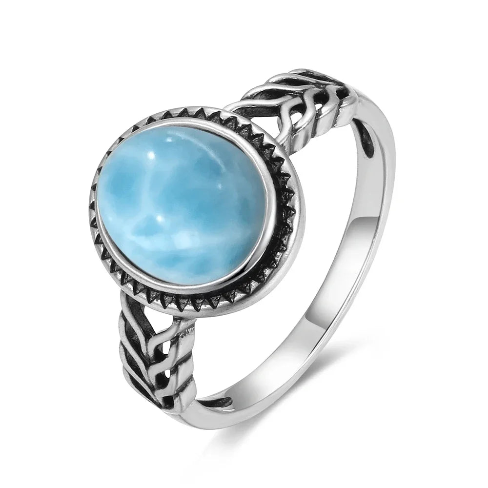 Bague Argent 925 Pierre Larimar Naturelle Vintage – Forme Fleur Ronde Bleu Ciel & Eau de Mer | Bijou Fin Unisexe Pierre Rare des Caraïbes & Cadeau Premium