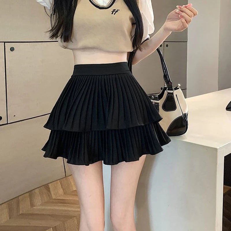 Mini Jupe Femme Balletcore Taille Haute Élastique Volantée Patchwork Lolita Style Coréen Kawaii Y2K – Jupe Courte Douce Sexy | Mode