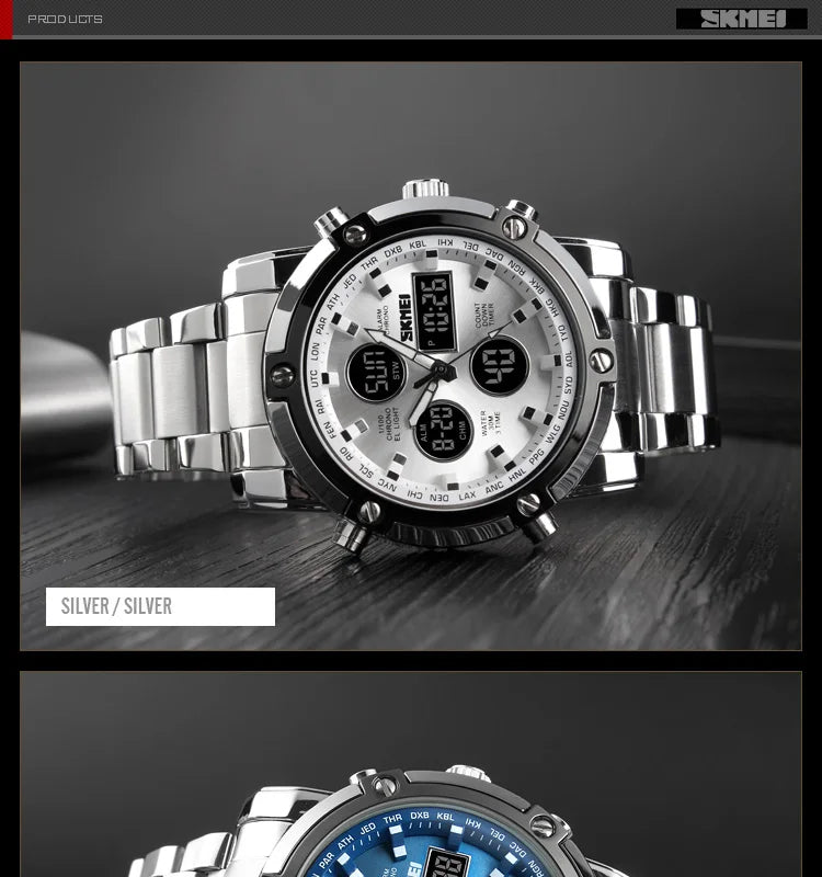 Montre Homme SKMEI Luxe Bracelet Acier 3 Fuseaux Horaires LED Sport Alarme Analogique Digitale Chronomètre | Montre SKMEI Multifonction Sport Luxe Premium
