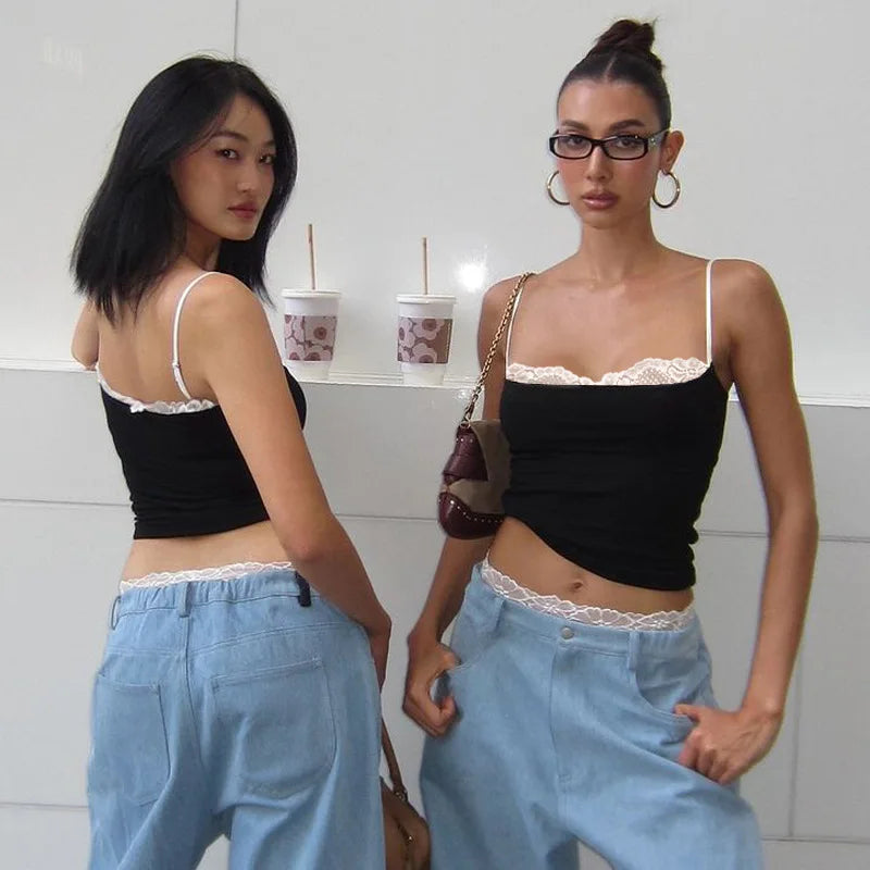 Crop Top Camisole Dentelle Dos Nu Femme – Sans Manches Style Coquette | Streetwear Été Club