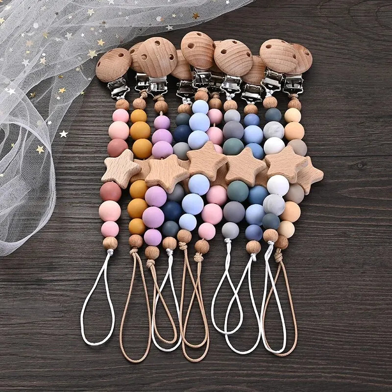 Attache-Tétine Bébé Perles Silicone & Bois Étoile – Chaîne Anneau Dentition Jouet À Mâcher Cadeau Naissance