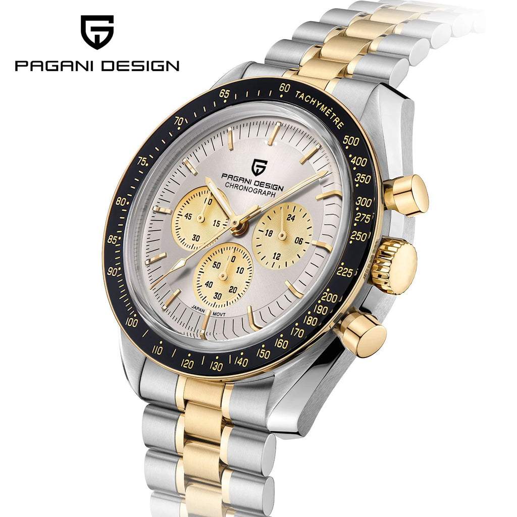 Montre Homme PAGANI DESIGN 2025 Lune Or Argent Quartz – Chronographe Saphir AR Date Auto