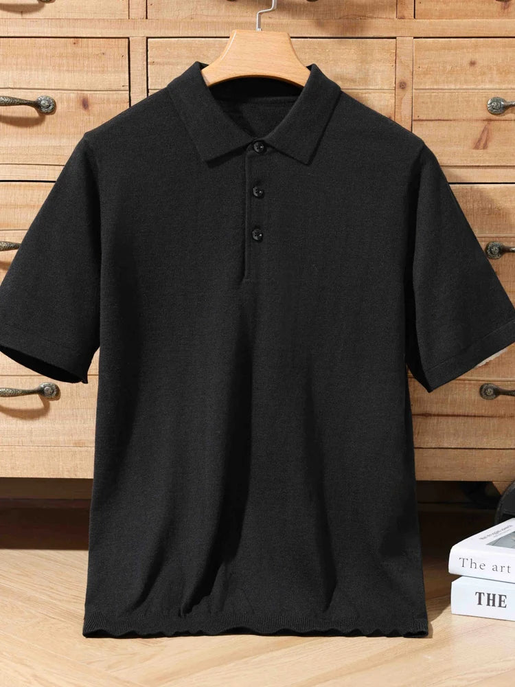 Pull Polo Homme 100% Laine Mérinos – Col Lapierre Manches Courtes Tricoté Loose Été Grande Taille