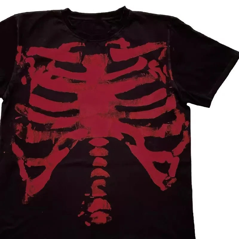 T-Shirt Homme Crâne Noir Rouge Dark Goth Y2K Shibuya Manches Courtes Imprimé Graphique Streetwear – Tee Absurde Tendance | Mode Homme Goth Urban