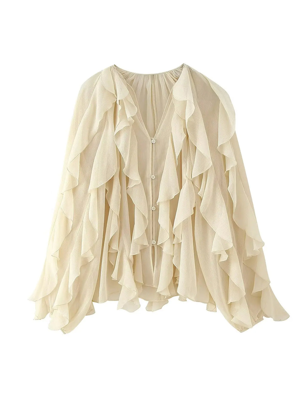 Blouse À Volants Semi-Transparente Femme Col V – Manches Longues Boutons | Style Sensuel Automne Bordeaux