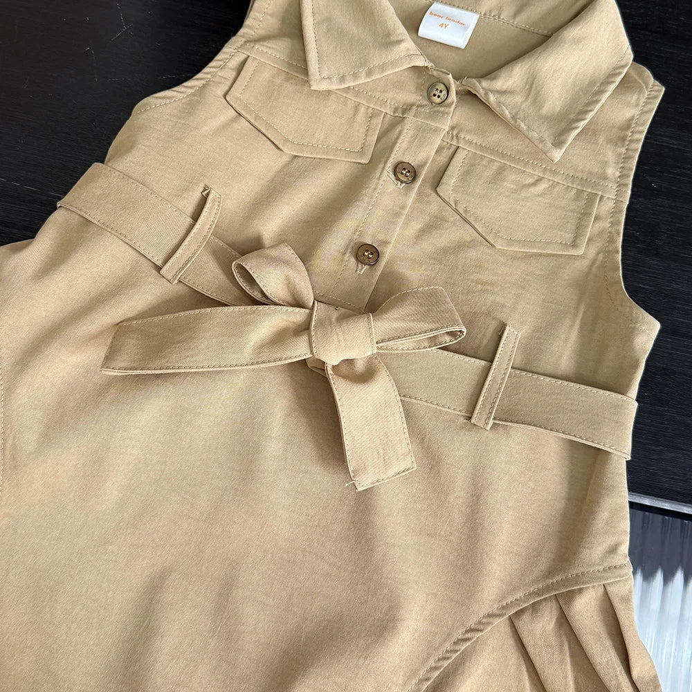 Robe Fille Été Sans Manches Couleur Unie – Tenue Casual Chic avec Ceinture Enfant