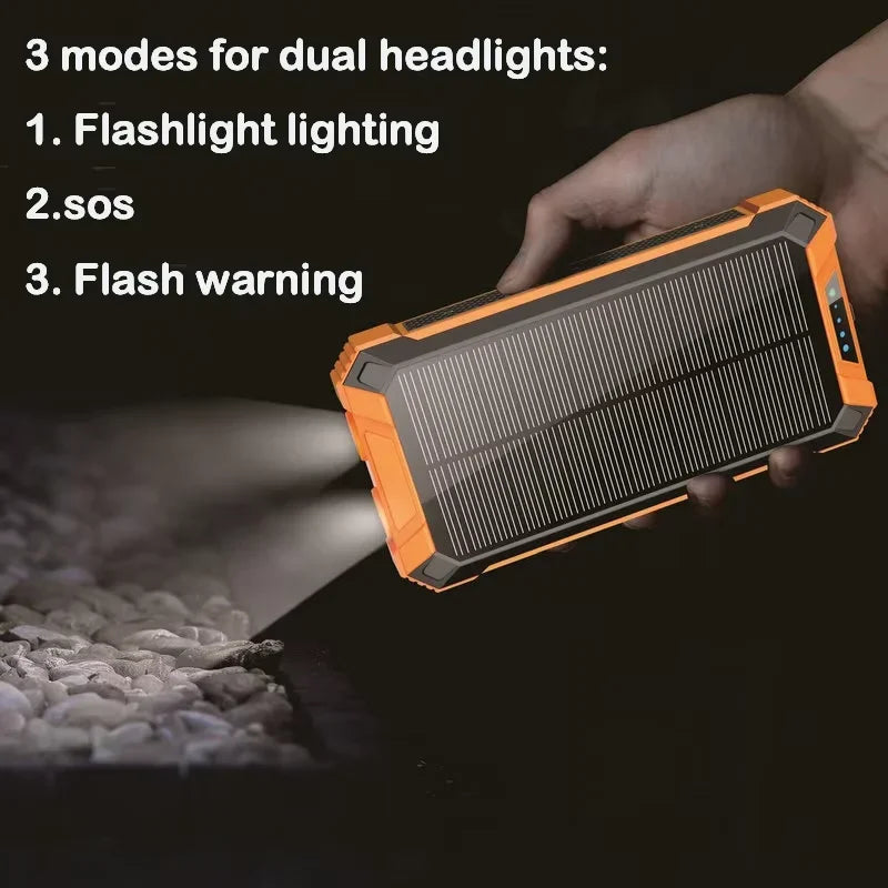 Power Bank Solaire 20000mAh – Charge Rapide Sans Fil 4 Câbles LED Lampe Torche Multifonction