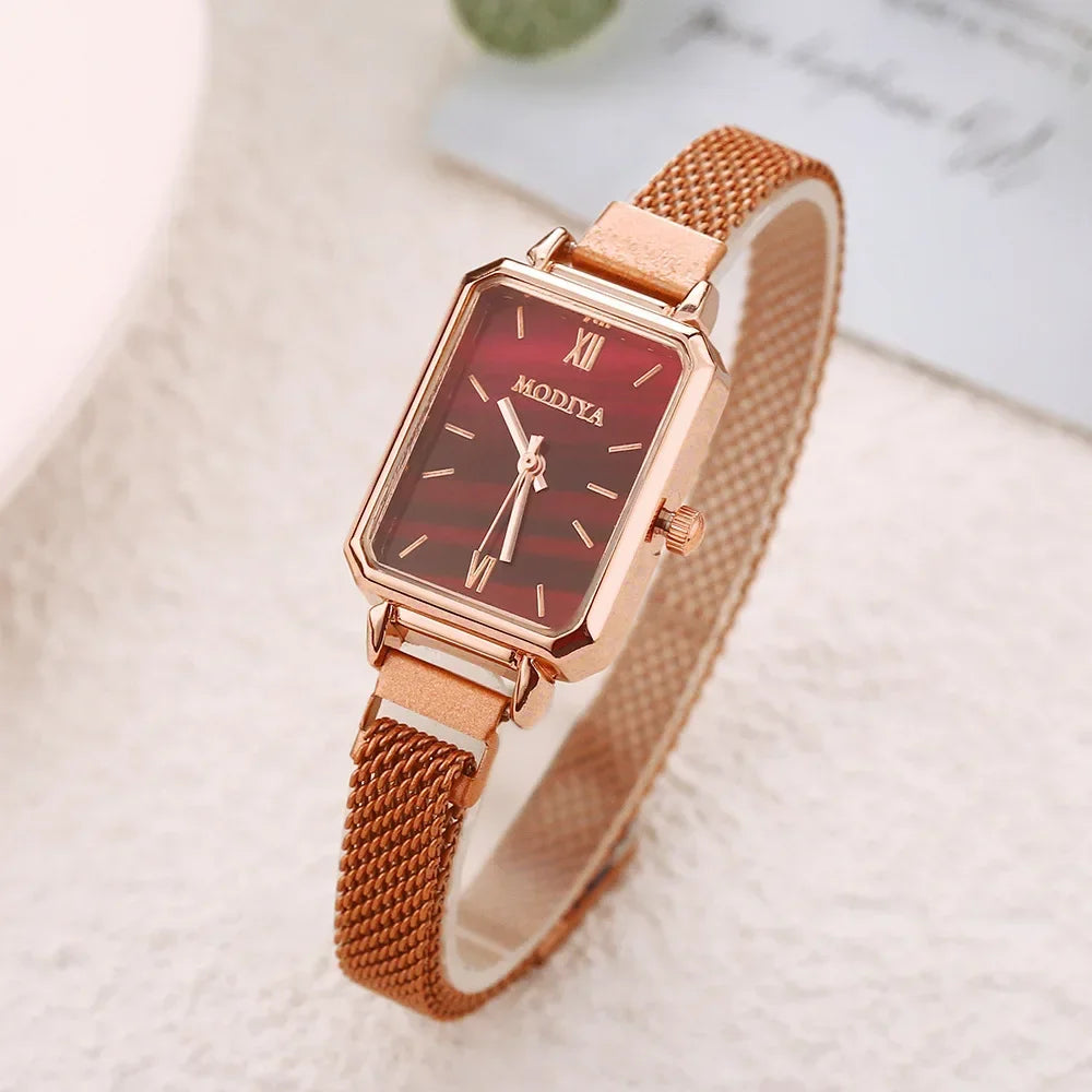Montre Femme Luxe Carrée Quartz Maille Magnétique Or Rose – Cadran Vert Élégante Minimaliste