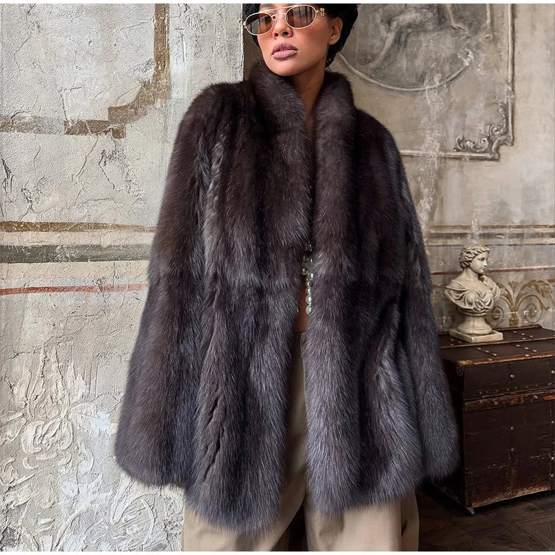 Manteau Femme Mi-Long Fausse Fourrure Col Revers Boutons Cachés Ample Élégant – Overcoat Bureau Chic | Hiver