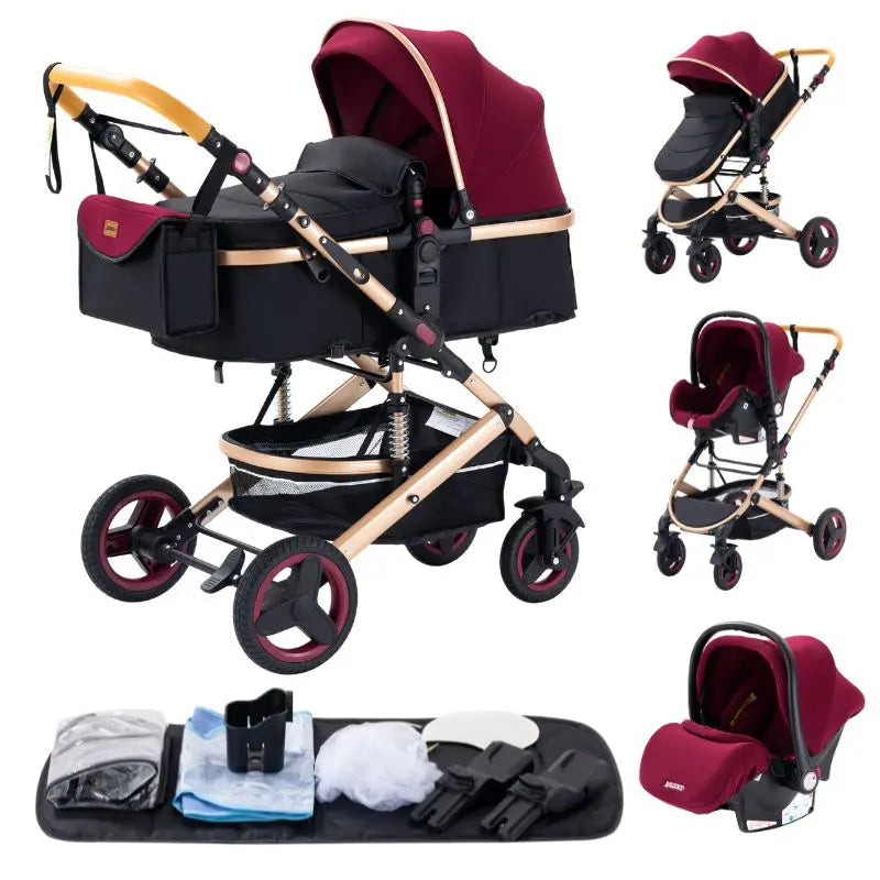 Poussette Bébé 3 en 1 Pliable Aluminium – Haute Vue, Nacelle & Siège, Voyage Compact | Nouveau-Né & Nourrisson
