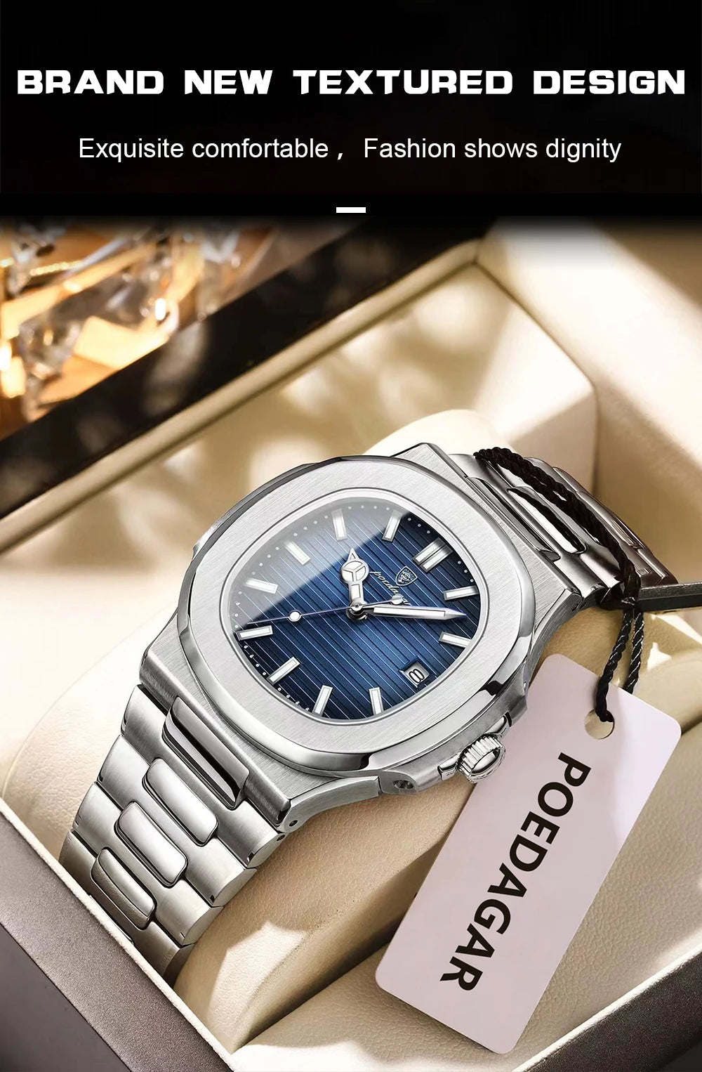 Montre Homme POEDAGAR Carré Luxe Quartz – Acier Lumineux Étanche Date Sport Business