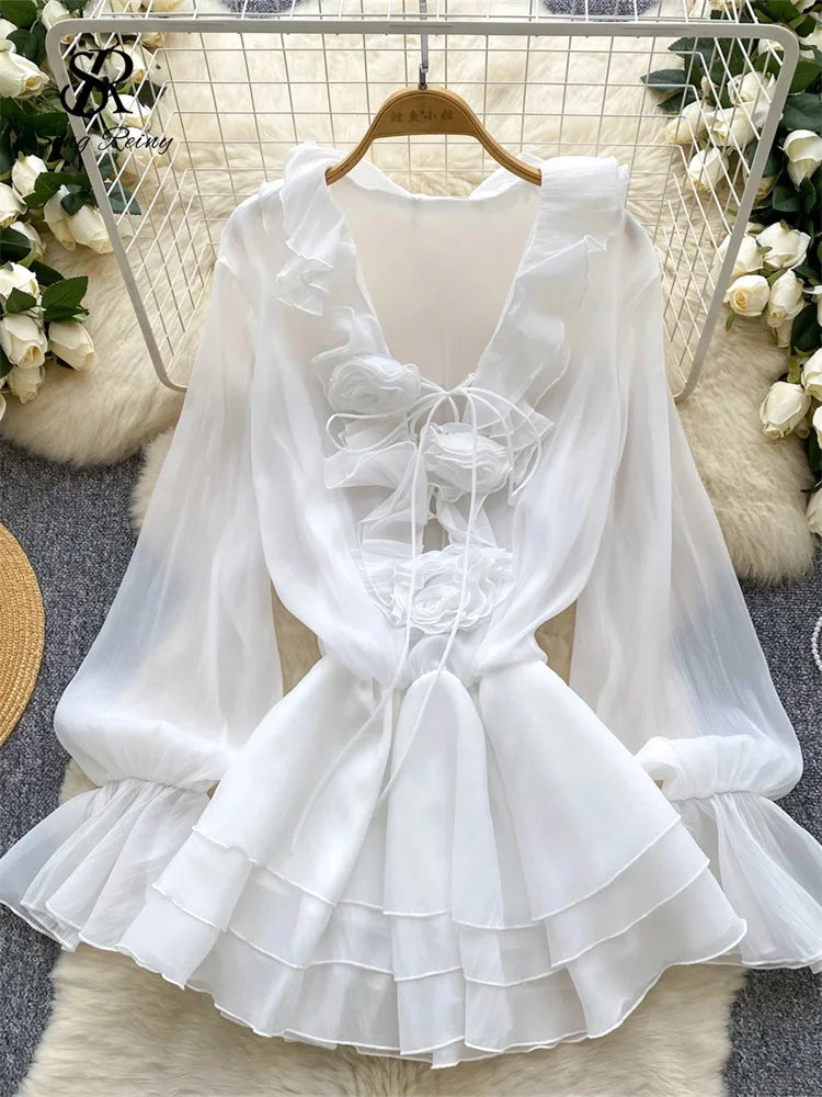 Robe Courte Femme Fleurs 3D Manches Longues Laçage Volants Mousseline – Vintage Bohème Sexy | Plage Été