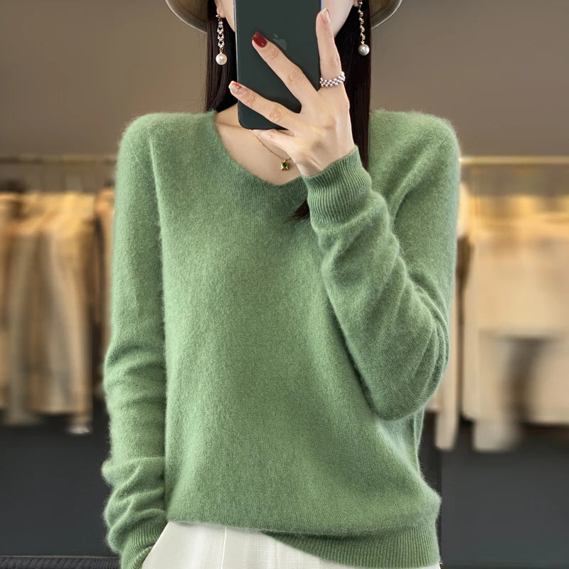 Pull Cachemire 100% Laine Col V Femme - Tricot Casual Korean Fashion Automne Hiver