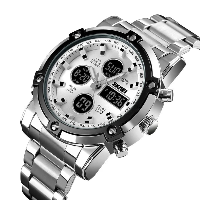 Montre Homme SKMEI Luxe Bracelet Acier 3 Fuseaux Horaires LED Sport Alarme Analogique Digitale Chronomètre | Montre SKMEI Multifonction Sport Luxe Premium