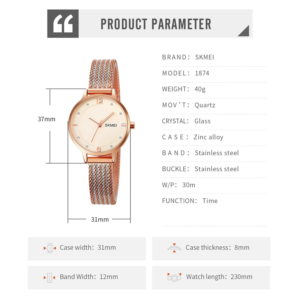 Montre Femme SKMEI 1874 Quartz Japonais Bracelet Acier Inoxydable – Fashion Luxe Élégante