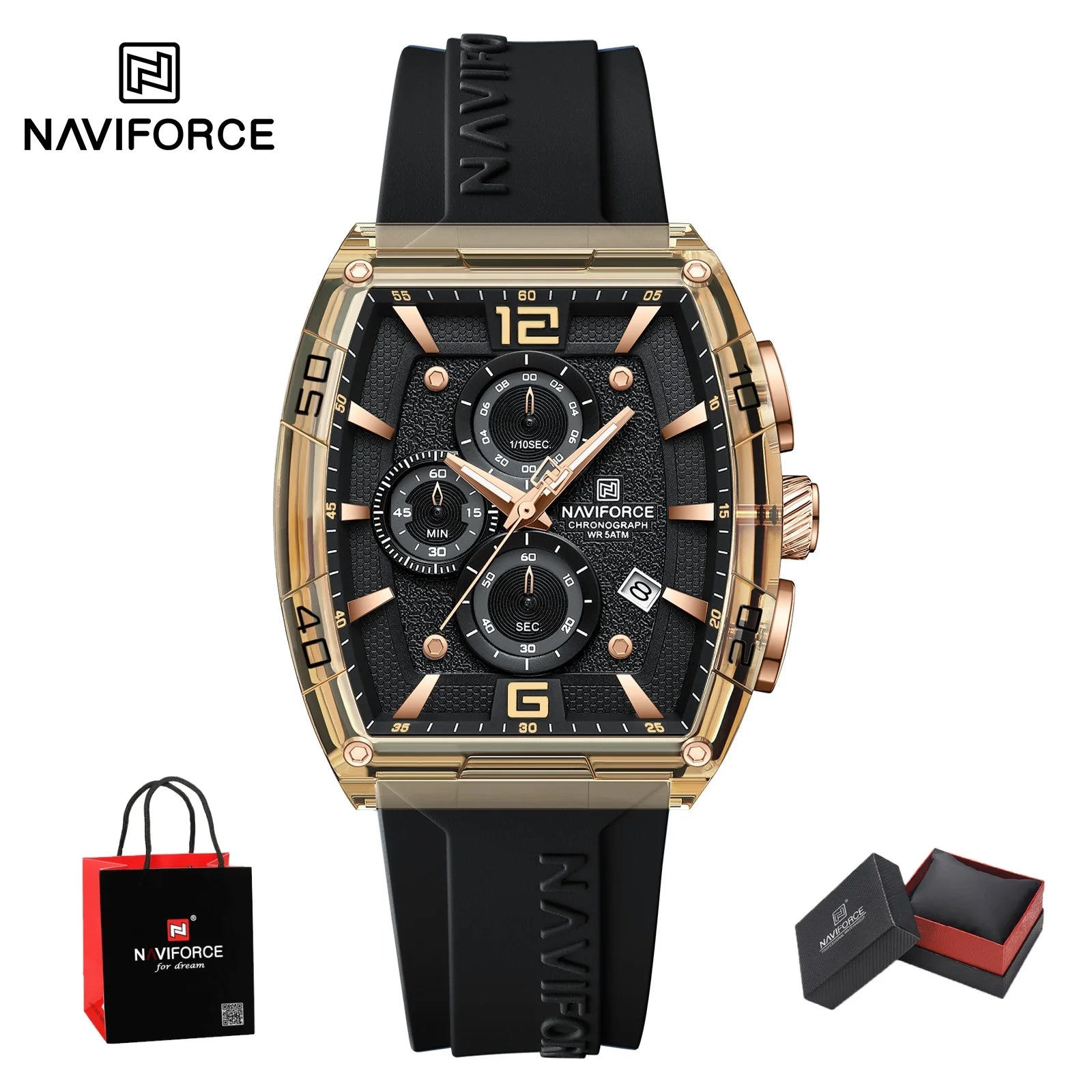Montre Homme NAVIFORCE Luxe Sport Étanche Bracelet Silicone Quartz Lumineux Chronographe Coffret Cadeau Inclus | Montre NAVIFORCE Chronographe Sport Luxe Premium