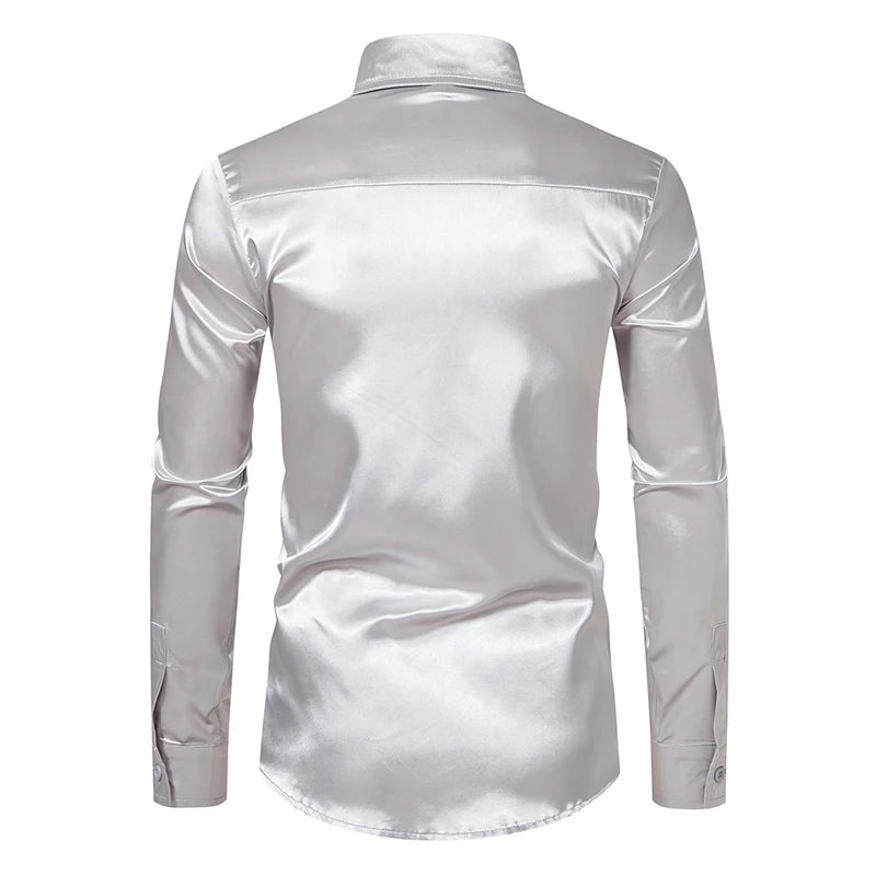 Chemise Homme Satin Noir Luxe Soie Lisse Tuxedo Mariage Soirée Prom Casual Business Bureau Élégante Couleur Unie Premium – Chemise Satin Luxe Cérémonie | Mode Homme Luxe Cérémonie Premium