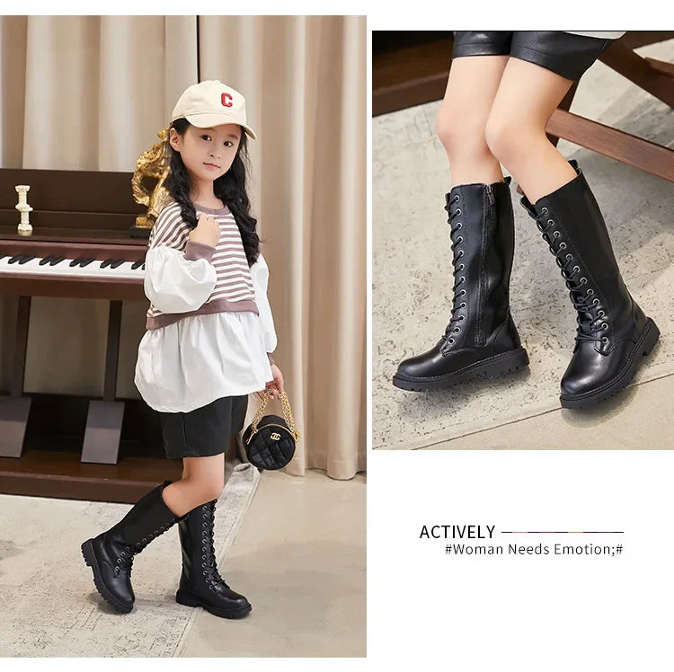 Bottes Hautes Fille Hiver Style Moto – Cuissardes Semelle Souple Plateforme Princesse Enfant