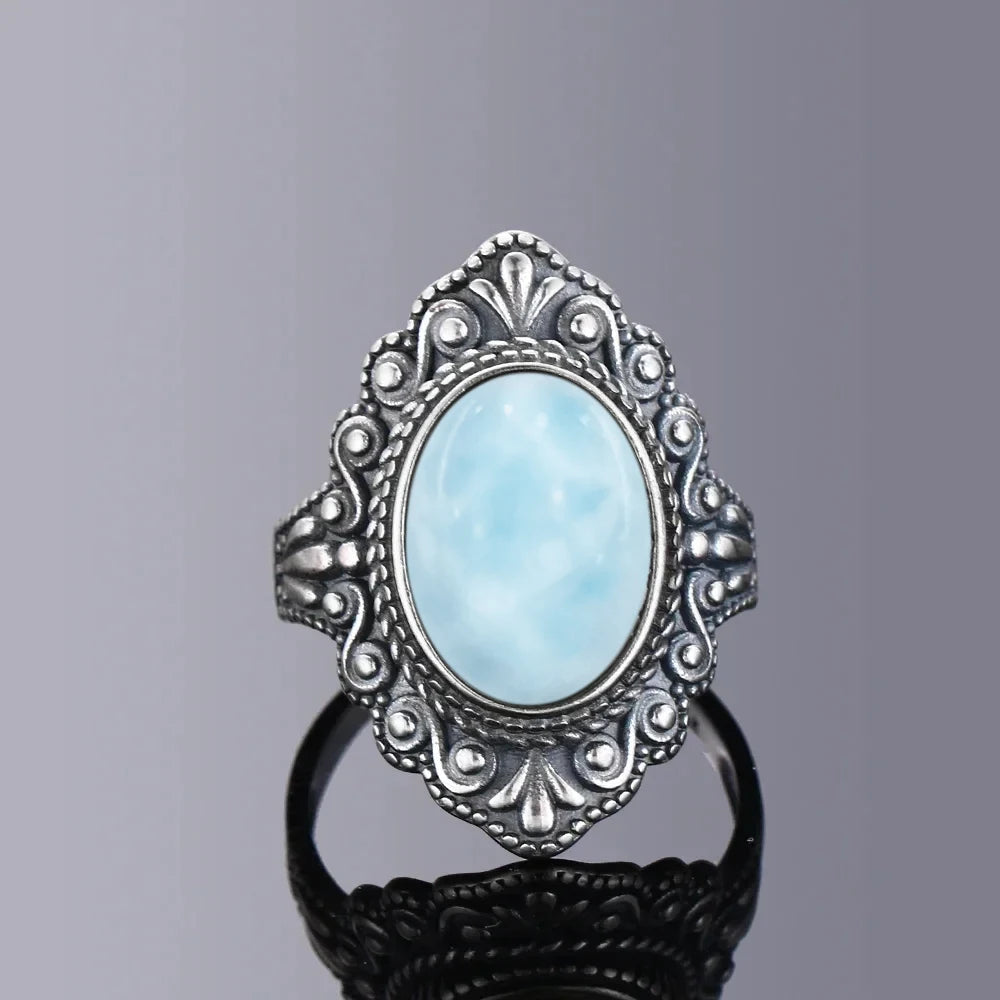 Bague Argent 925 Pierre Larimar Naturelle Vintage – Forme Fleur Ronde Bleu Ciel & Eau de Mer | Bijou Fin Unisexe Pierre Rare des Caraïbes & Cadeau Premium