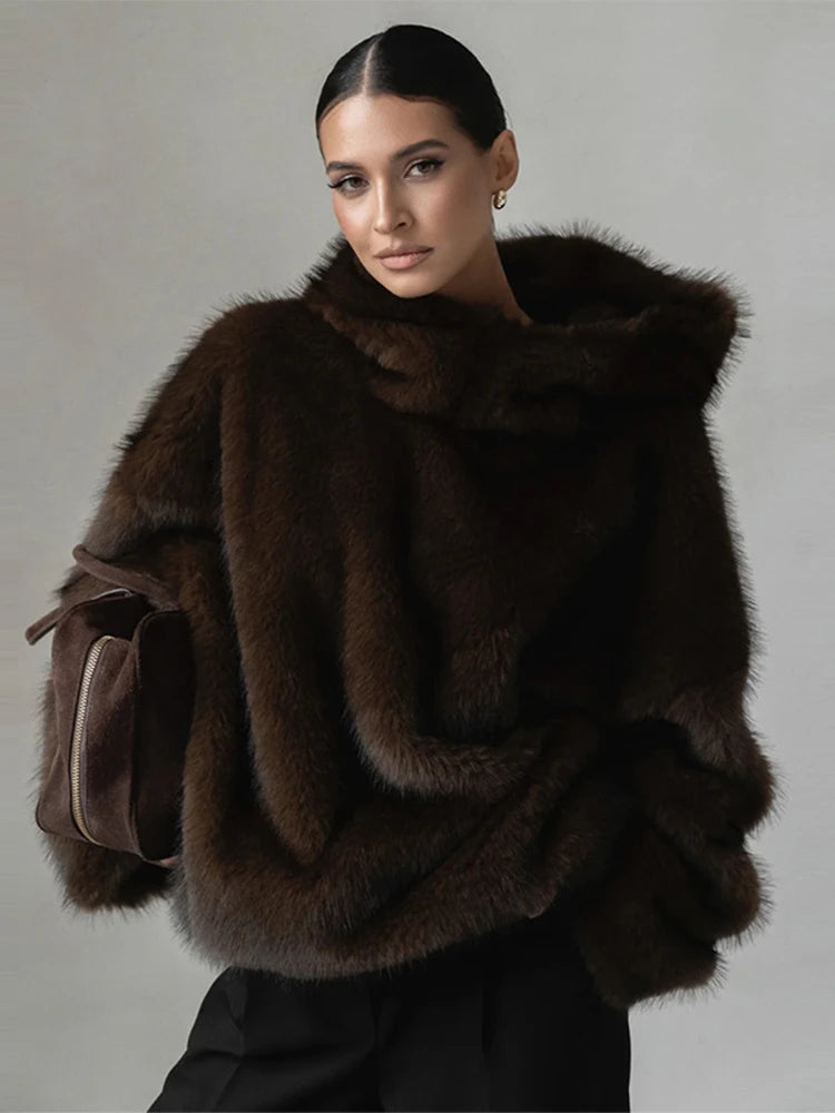 Manteau Fourrure Synthétique à Capuche Femme – Pull Oversize Chaud Marron | Mode Streetwear Automne Hiver