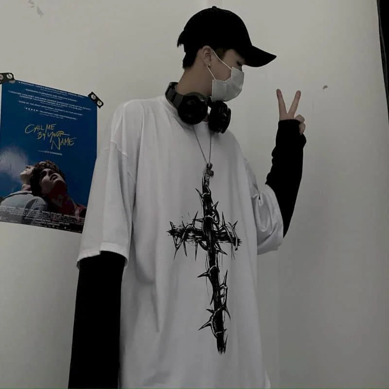 T-Shirt Homme Oversize Manches Longues Croix d'Épines Dark Hip-Hop Y2K Gothic Streetwear Été Tendance – Tee Graphique Dark Aesthetic Unisexe | Mode Streetwear Premium