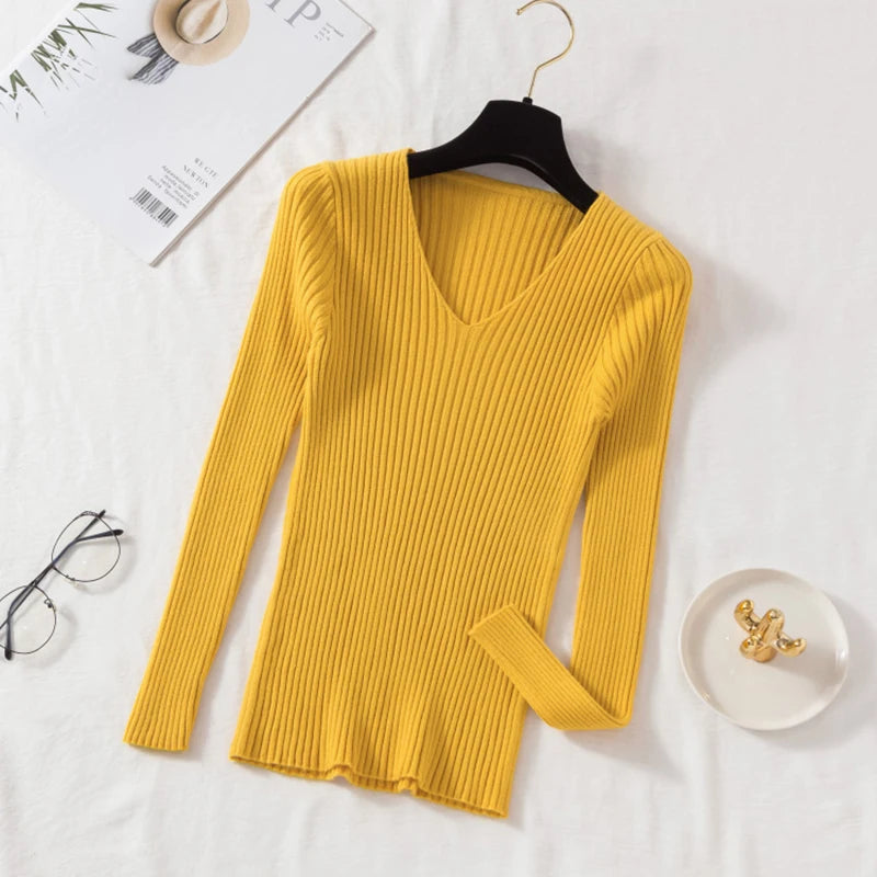 Pull Femme Col V Tricoté Manches Longues Casual Uni Basique – Sweater Chaud Confortable Automne Hiver | Mode Intemporelle