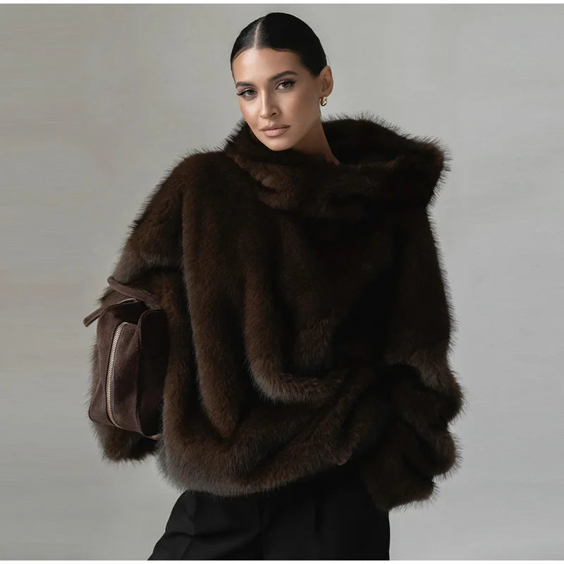 Manteau Fourrure Synthétique à Capuche Femme – Pull Oversize Chaud Marron | Mode Streetwear Automne Hiver