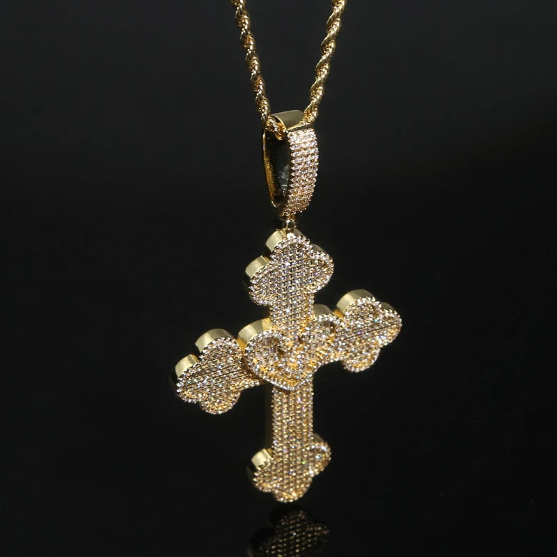 Collier Pendentif Hip Hop Bling 5A CZ Pavé Croix & Cœur Glacé – Chaîne Cuban Link, Tennis & Corde | Bijou Homme Rapper Streetwear Premium
