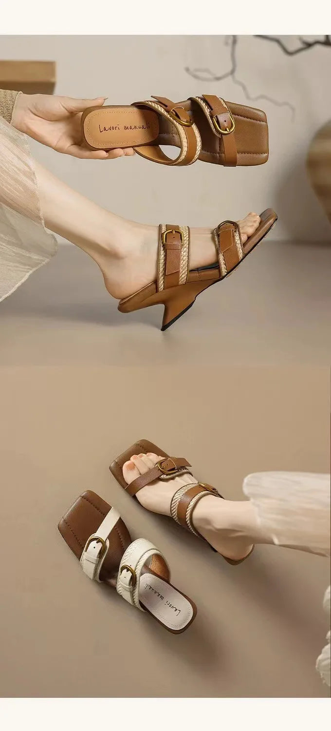 Wedges Vintage Tressé Bout Carré Femme – Boucle Ceinture Bout Ouvert Talon Haut Été