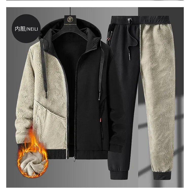 Ensemble Homme Cashmere Tracksuit Hiver – Veste + Pantalon Polaire Épaisse Capuche Chaud